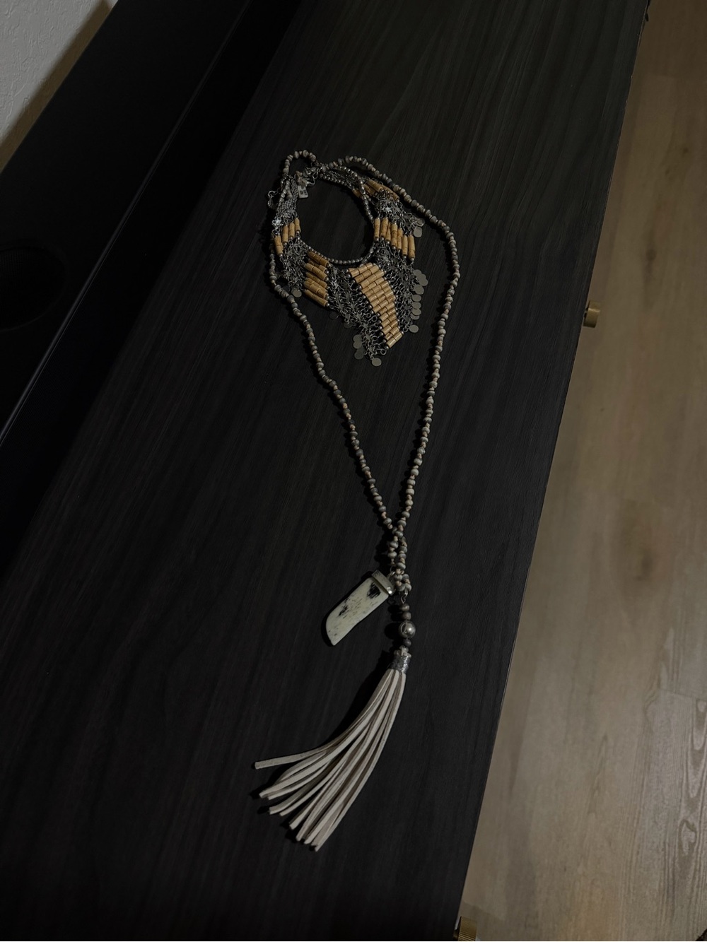 Beaded Tassel Pendant Necklace in Beige and Silver